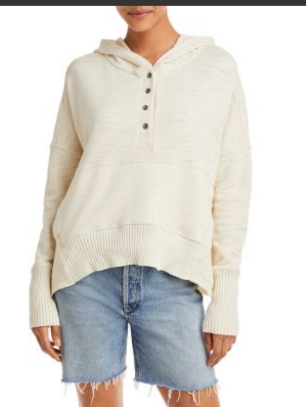 Free People Cream Hooded Henley Sweater